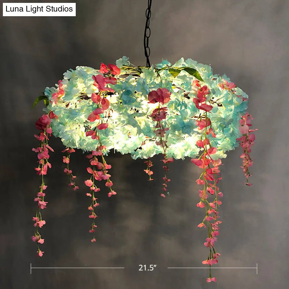 Metal Cage Pendant Lamp With 3 Lights And Floral Accents - Rural Chandelier Blue / 21.5