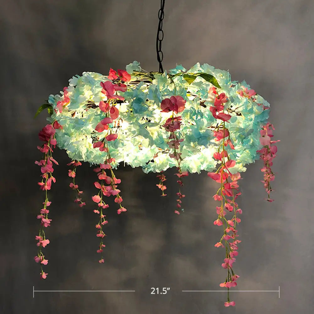 Round Cage Pendant Lamp With Floral Accents - Rustic Metal Chandelier 3 Lights Blue / 21.5’