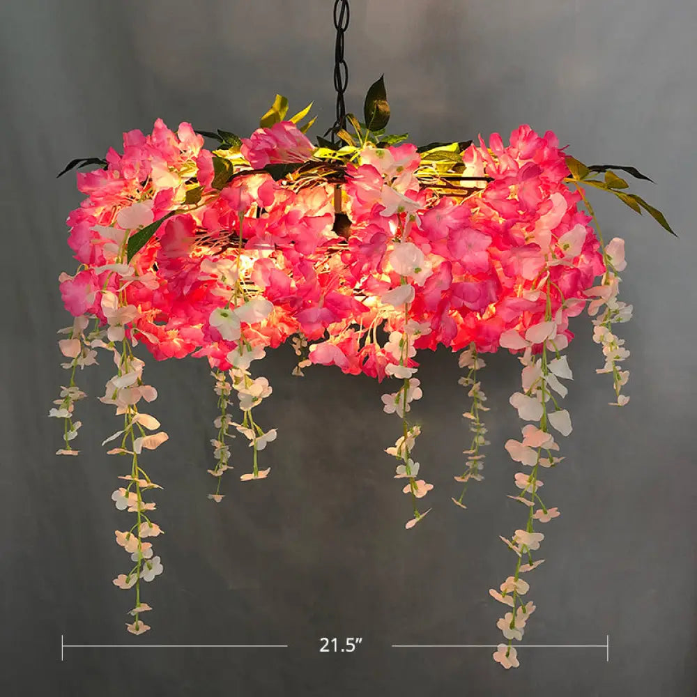 Round Cage Pendant Lamp With Floral Accents - Rustic Metal Chandelier 3 Lights Pink / 21.5’