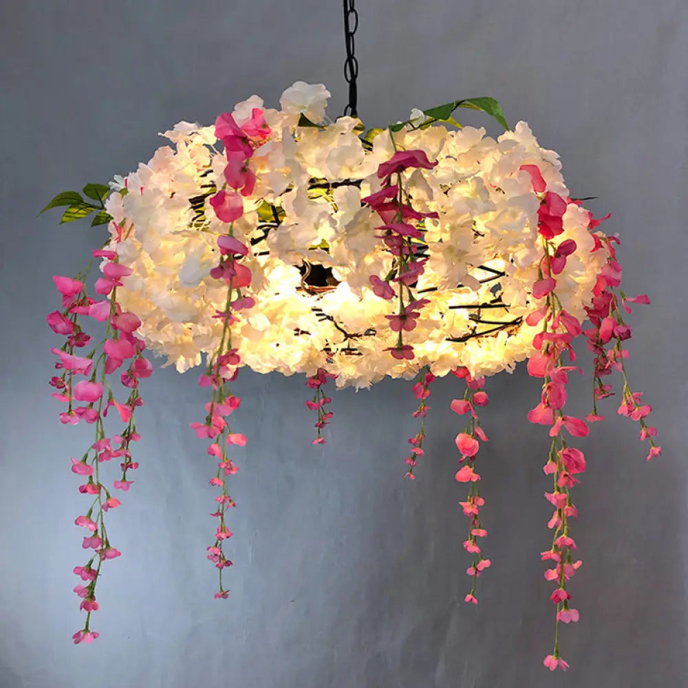 Round Cage Pendant Lamp With Floral Accents - Rustic Metal Chandelier 3 Lights White / 21.5’