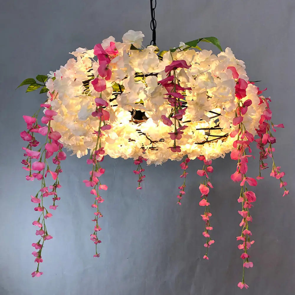 Round Cage Pendant Lamp With Floral Accents - Rustic Metal Chandelier 3 Lights White / 25.5’