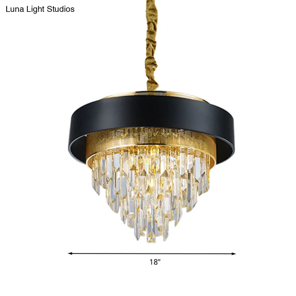 Round Chandelier With Crystal Accents - Elegant 5-Light Dining Room Hanging Lamp In White/Black