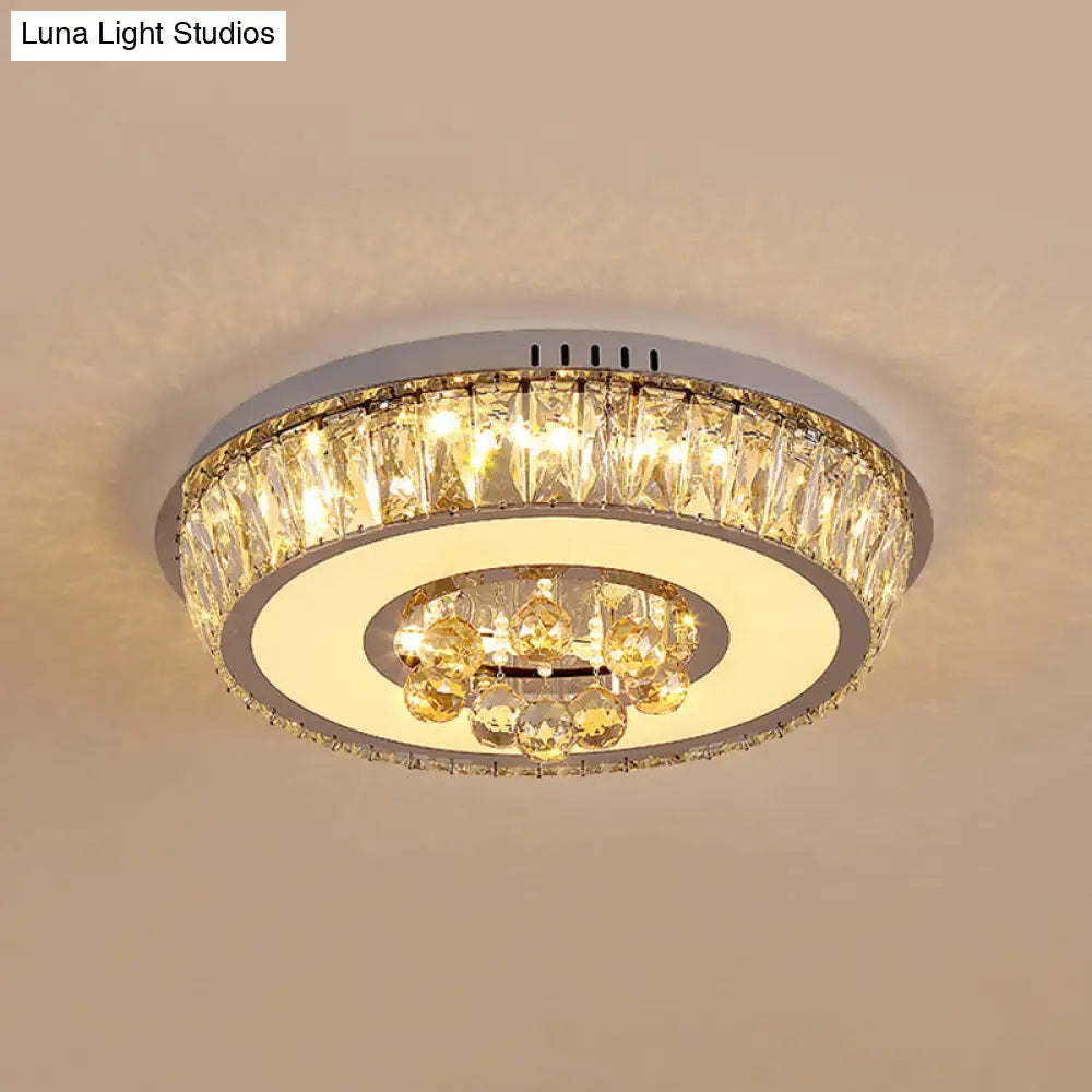 Round Crystal Block Led Ceiling Mount Light In Chrome Enhancing Simplicity For Living Room