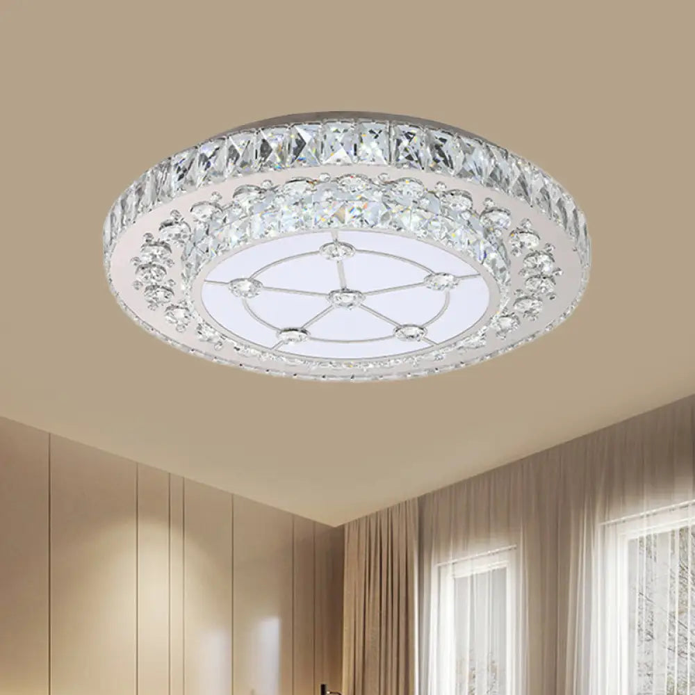 Round Crystal Block Led Flush Mount Ceiling Light In Nickel Finish For Simple Bedroom Style