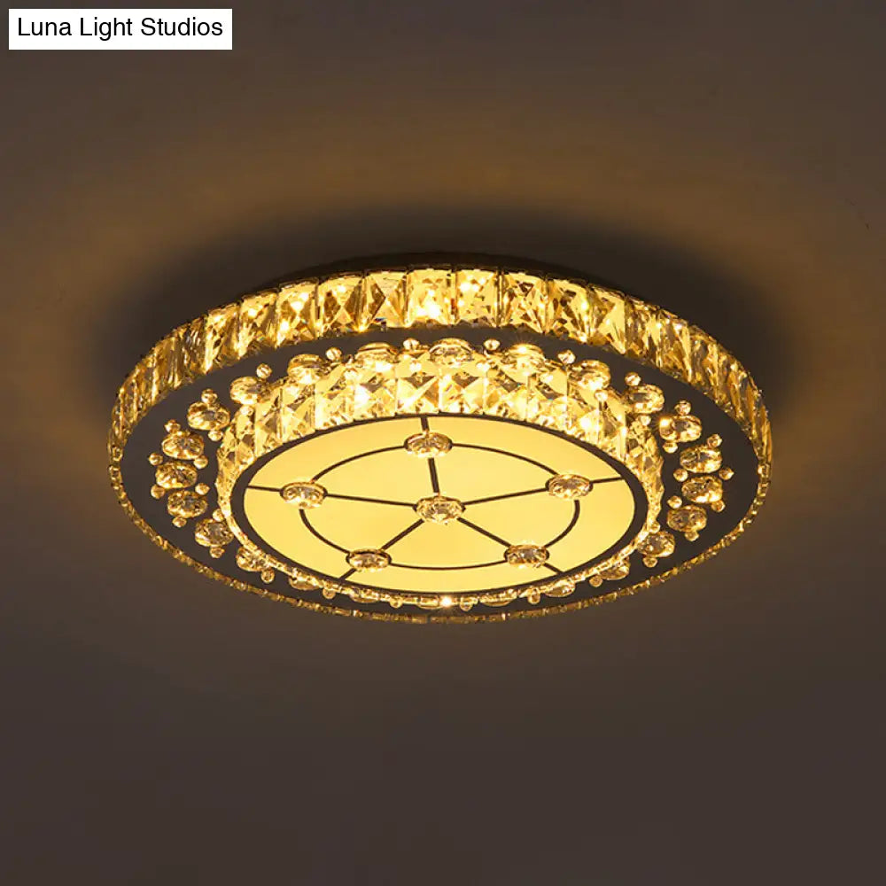 Round Crystal Block Led Flush Mount Ceiling Light In Nickel Finish For Simple Bedroom Style