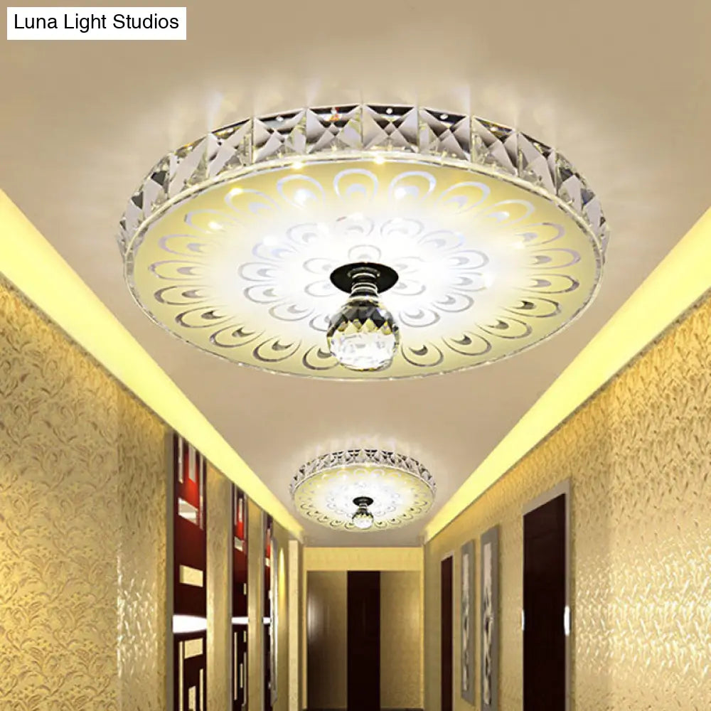 Round Flush Mount Led Crystal Ceiling Light In White With Peacock Tail Pattern - Warm/White