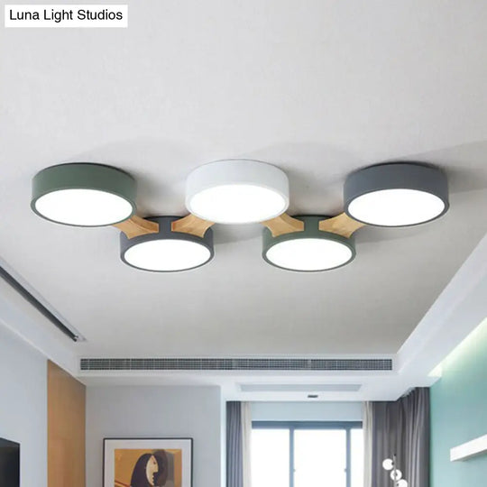 Round Led Flush Mount Metallic Ceiling Light In Gray-Green - Minimalist Modern Design