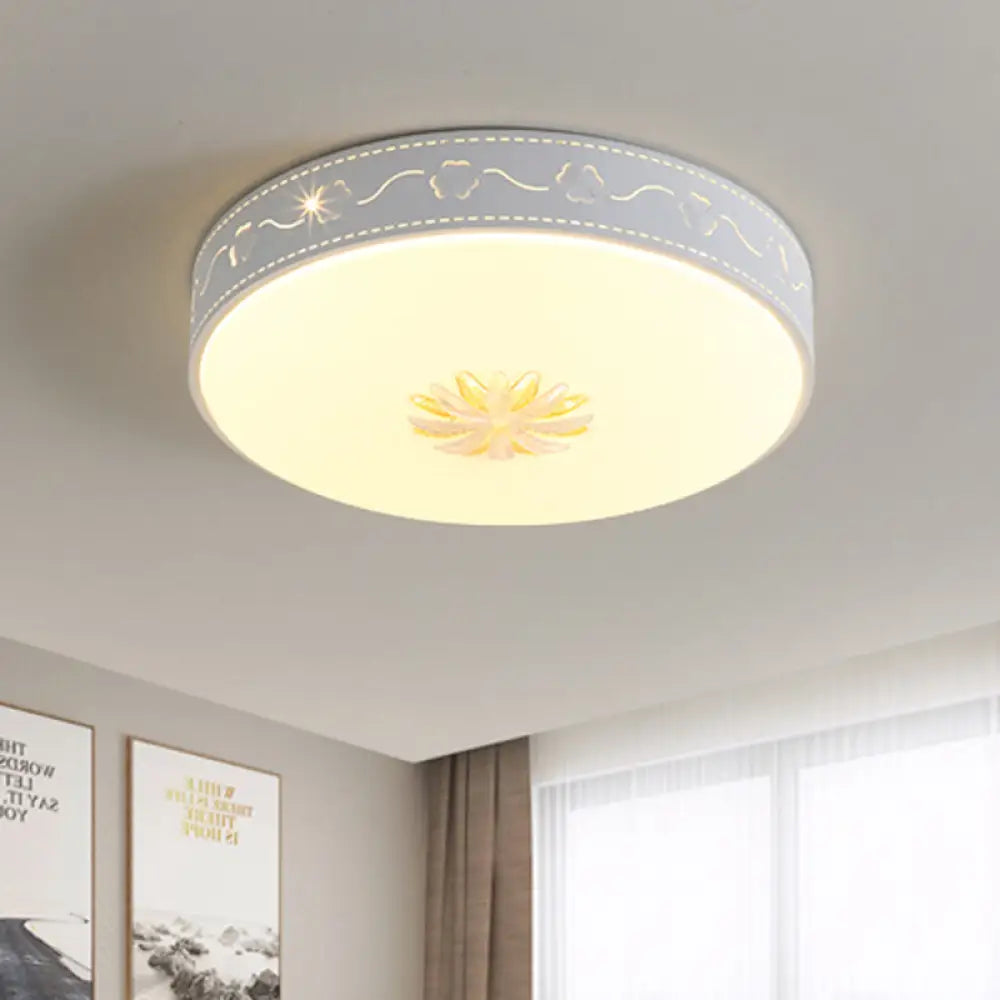 Round Led White Acrylic Flush Mount Nordic Style Fixture With Crystal Flower Deco - Modern Lighting