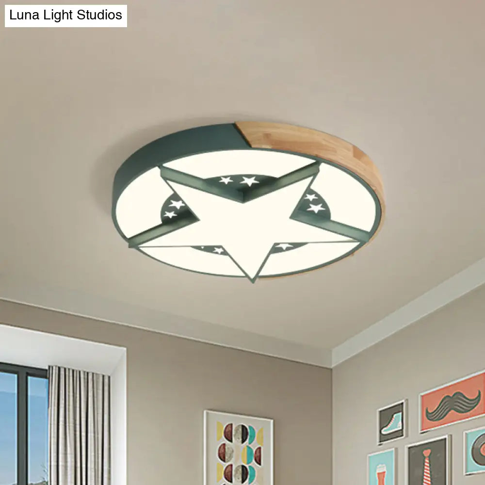 Round Metal Led Macaron Flush Mount Ceiling Light In White/Pink/Blue And Wood For Star - Themed