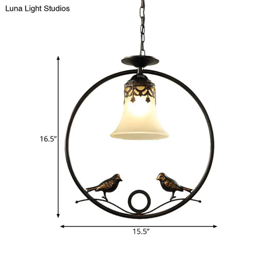 Round Pendant Lighting Fixture - Classical Black Metal With Bell Shade And Bird Accent