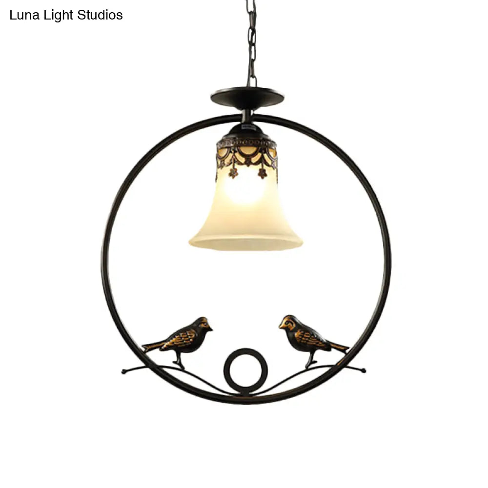 Round Pendant Lighting Fixture - Classical Black Metal With Bell Shade And Bird Accent