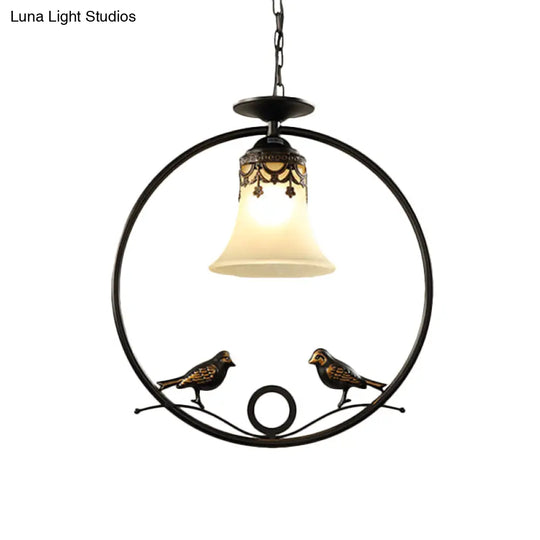 Round Pendant Lighting Fixture - Classical Black Metal With Bell Shade And Bird Accent