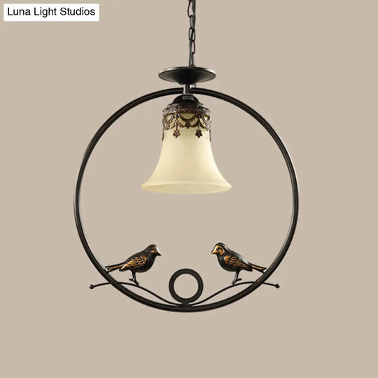 Round Pendant Lighting Fixture - Classical Black Metal With Bell Shade And Bird Accent