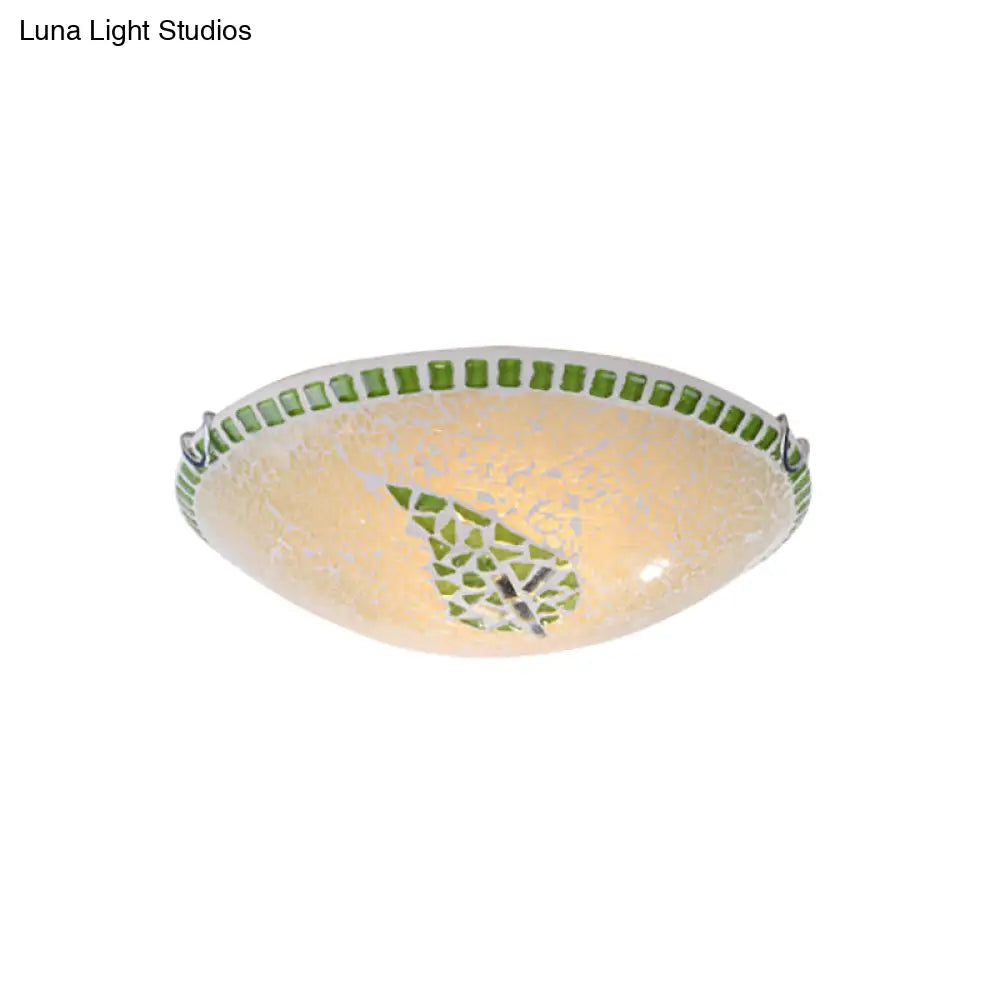Round Retro Stained Glass Ceiling Light Fixture - Green Leaf Pattern Flushmount With 2 Lights