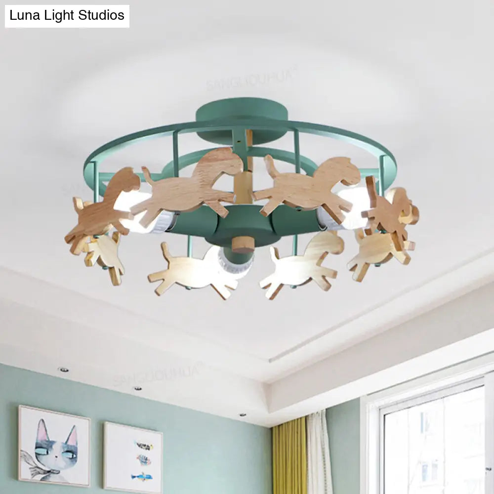 Round Semi-Flush Ceiling Light Macaroon 3-Bulb Grey/White/Green - Wooden Horse Design Green