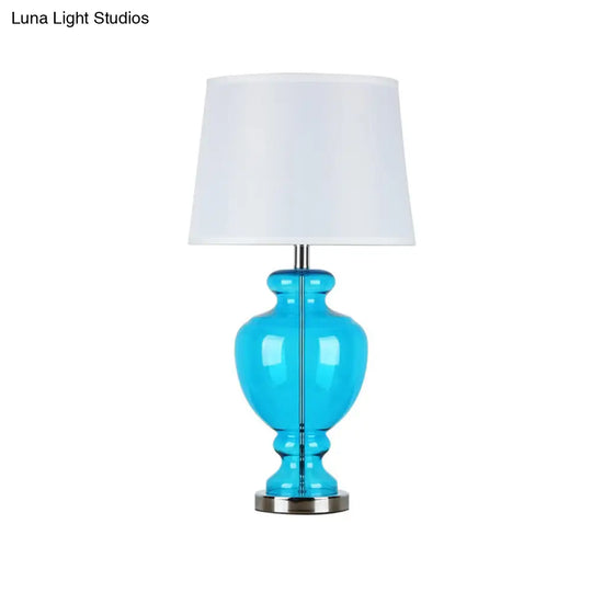 Round Shade Table Light With 1-Bulb: Classic Fabric Nightlight Blue Glass Base