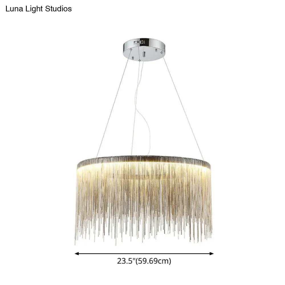 Round Silver Tassel Chain Pendant Lamp - Modern Metal Ceiling Chandelier