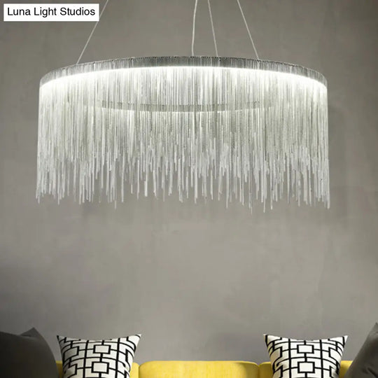 Round Silver Tassel Chain Pendant Lamp - Modern Metal Ceiling Chandelier