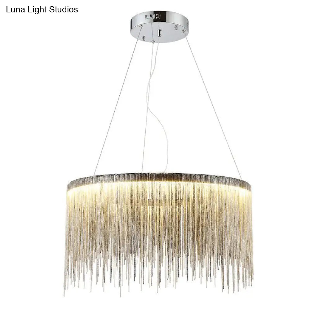 Round Silver Tassel Chain Pendant Lamp - Modern Metal Ceiling Chandelier