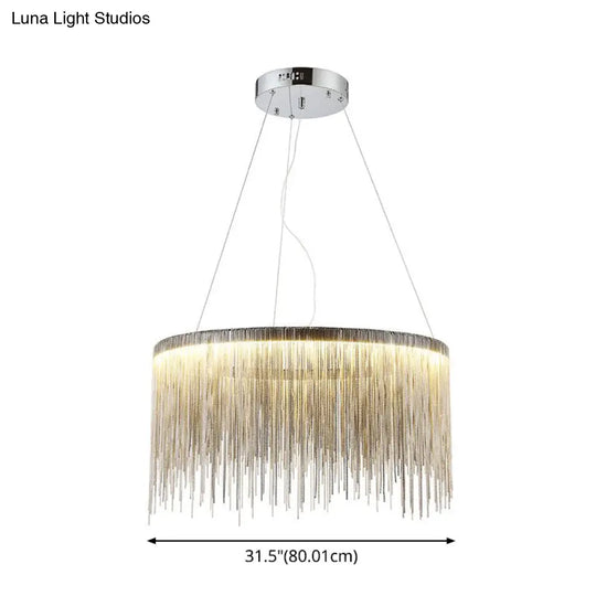 Round Silver Tassel Chain Pendant Lamp - Modern Metal Ceiling Chandelier