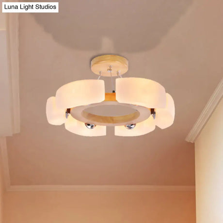 Round Wooden Flush Mount Ceiling Light With 4/6 Lights In Warm/White Modern Style