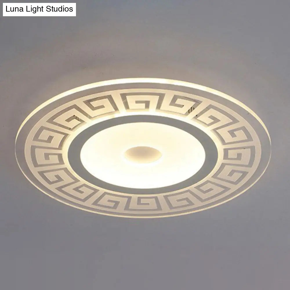 Rounded Acrylic Led Flush Light With Greek Key Decor - Artistic Ceiling Mount For Bedroom