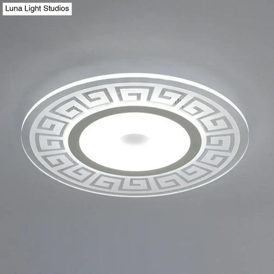 Rounded Acrylic Led Flush Light With Greek Key Decor - Artistic Ceiling Mount For Bedroom