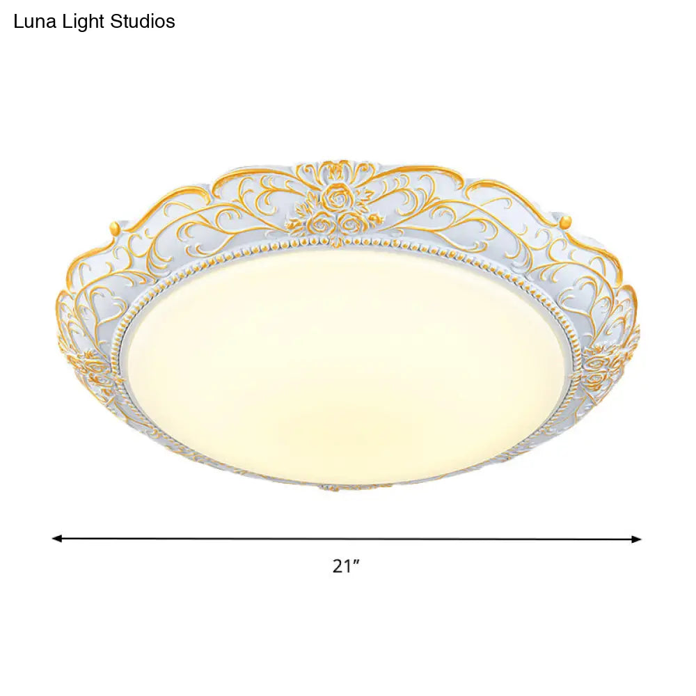 Rounded Cream Glass Led Ceiling Lamp - Traditional Bedroom Lighting In White-Gold