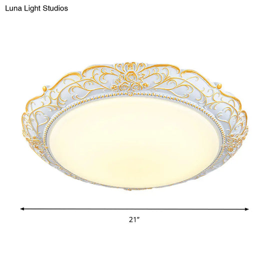 Rounded Cream Glass Led Ceiling Lamp - Traditional Bedroom Lighting In White-Gold