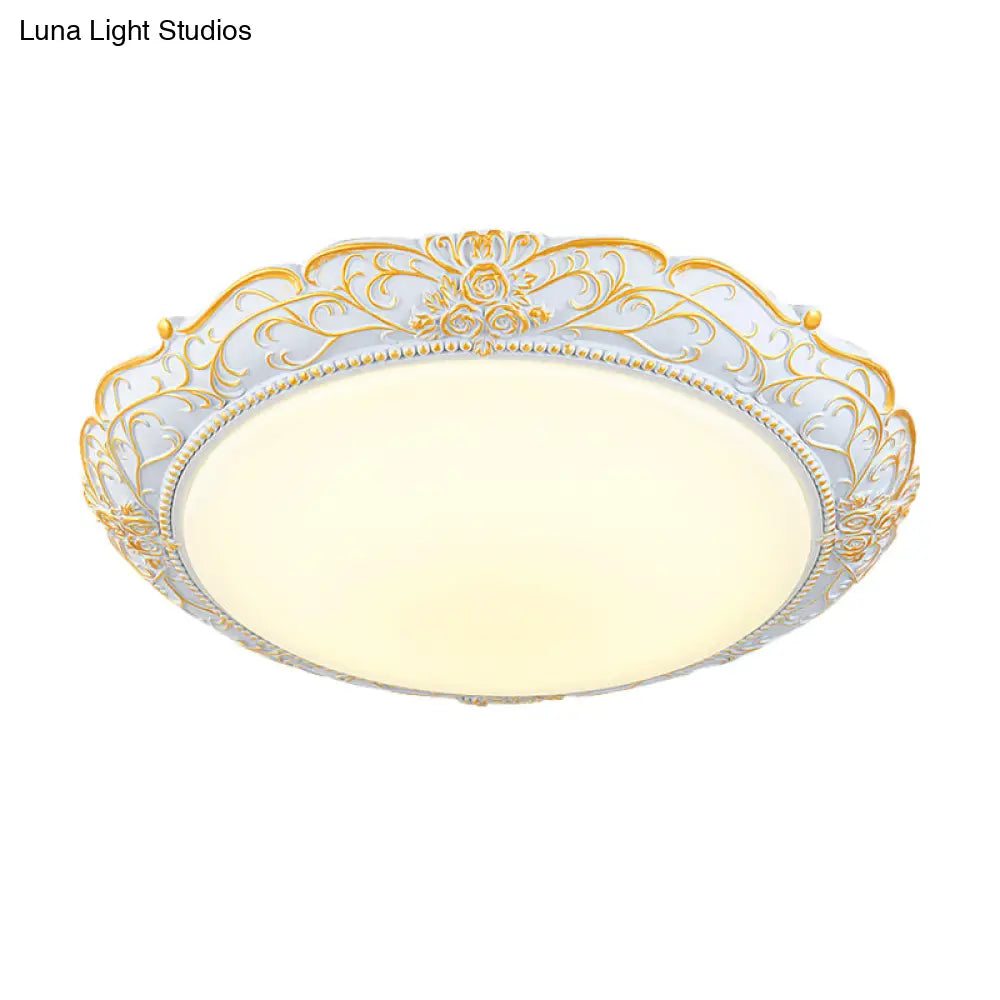 Rounded Cream Glass Led Ceiling Lamp - Traditional Bedroom Lighting In White-Gold