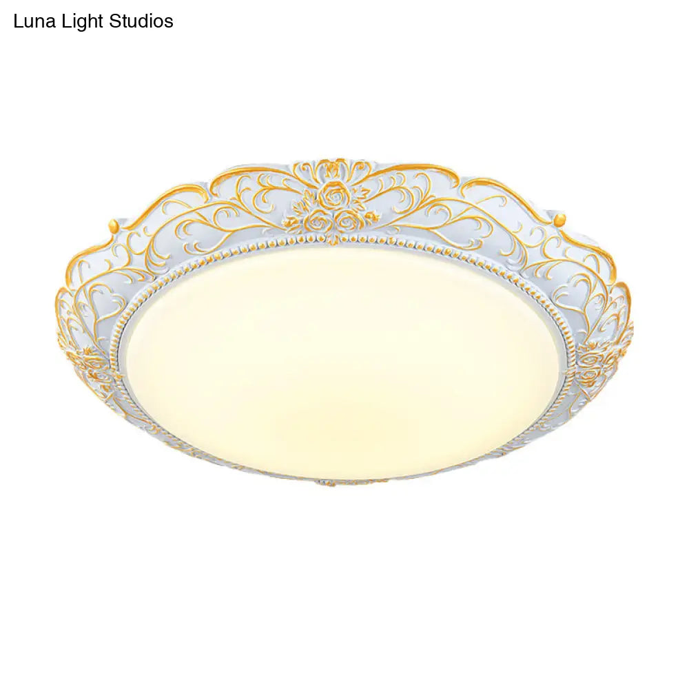 Rounded Cream Glass Led Ceiling Lamp - Traditional Bedroom Lighting In White - Gold