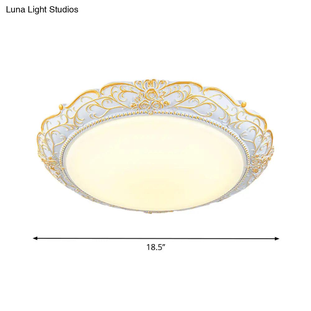 Rounded Cream Glass Led Ceiling Lamp - Traditional Bedroom Lighting In White - Gold