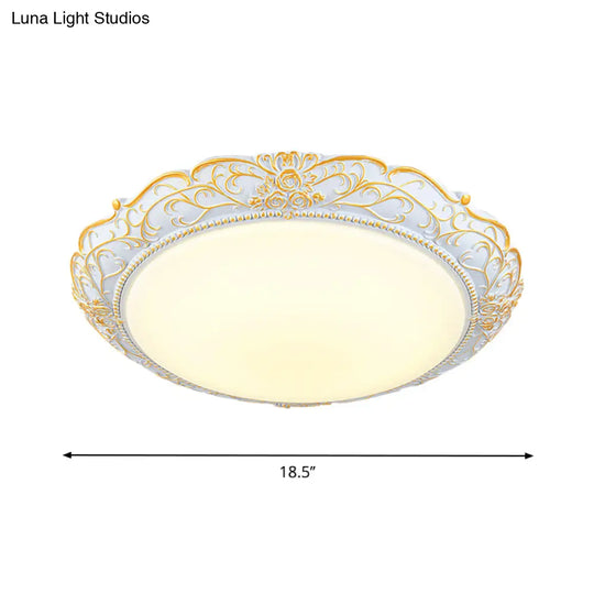 Rounded Cream Glass Led Ceiling Lamp - Traditional Bedroom Lighting In White - Gold