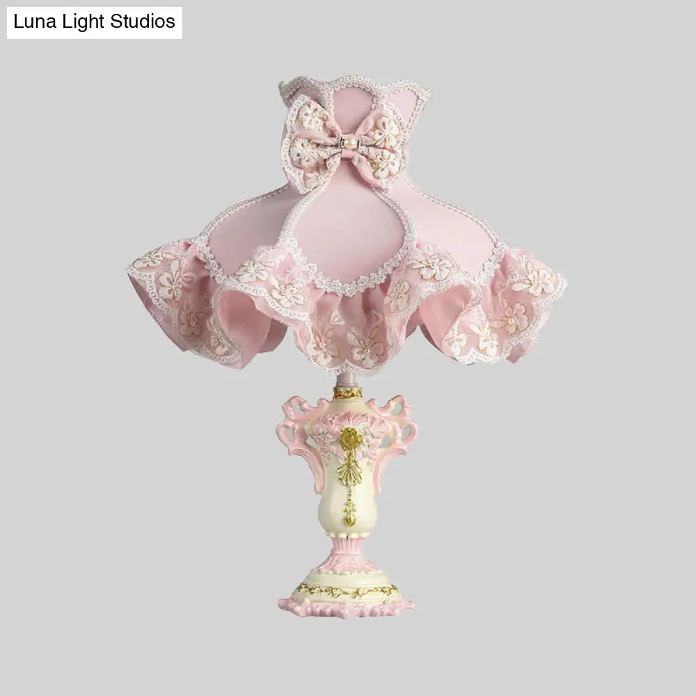 Royal Dress Girls 1-Light Bedside Lamp With Pink Fabric Shade & Sculpted Base - Kids Style Table