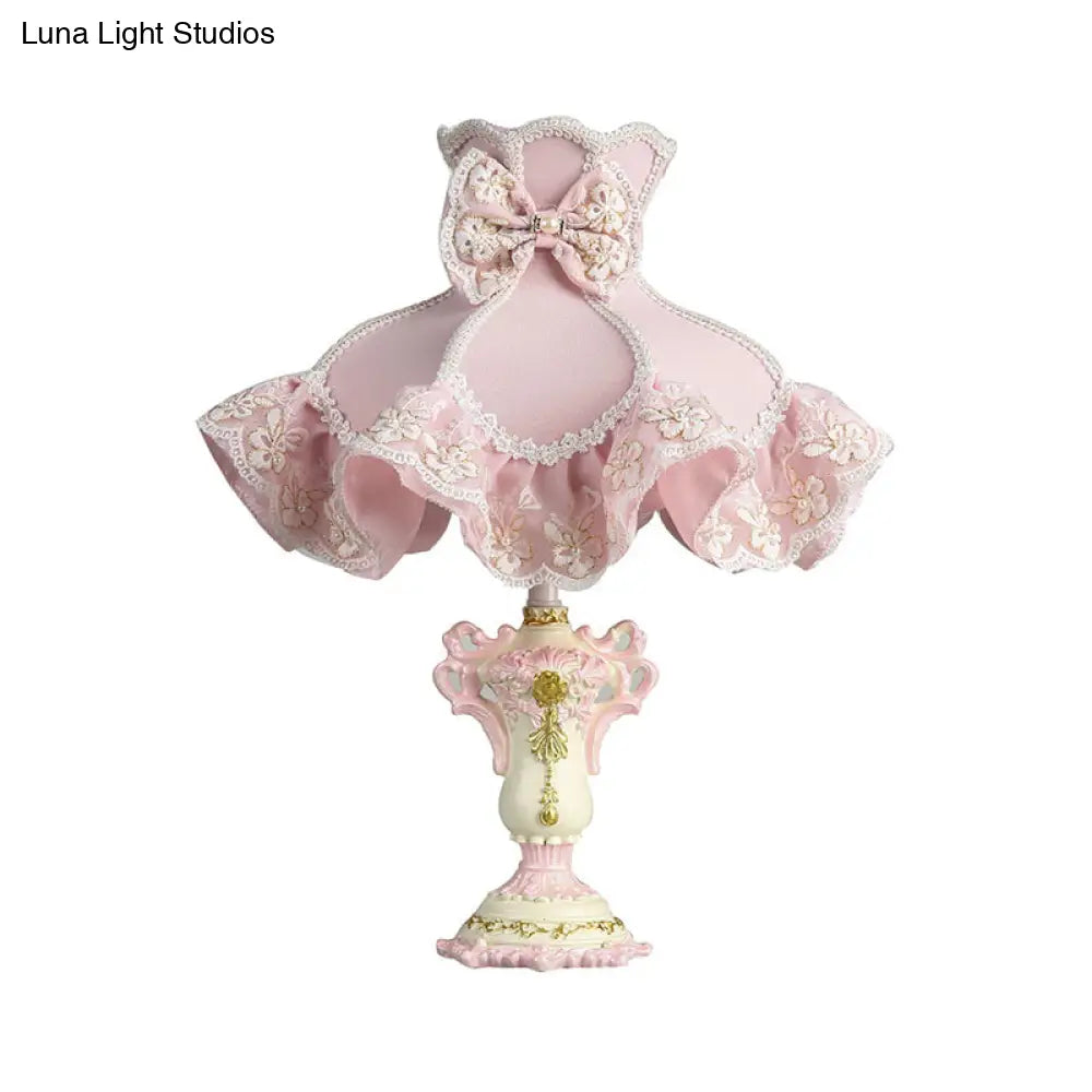 Royal Dress Girls 1-Light Bedside Lamp With Pink Fabric Shade & Sculpted Base - Kids Style Table