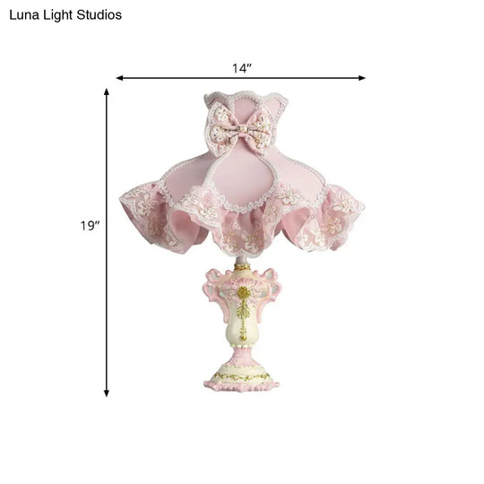 Royal Dress Girls 1-Light Bedside Lamp With Pink Fabric Shade & Sculpted Base - Kids Style Table