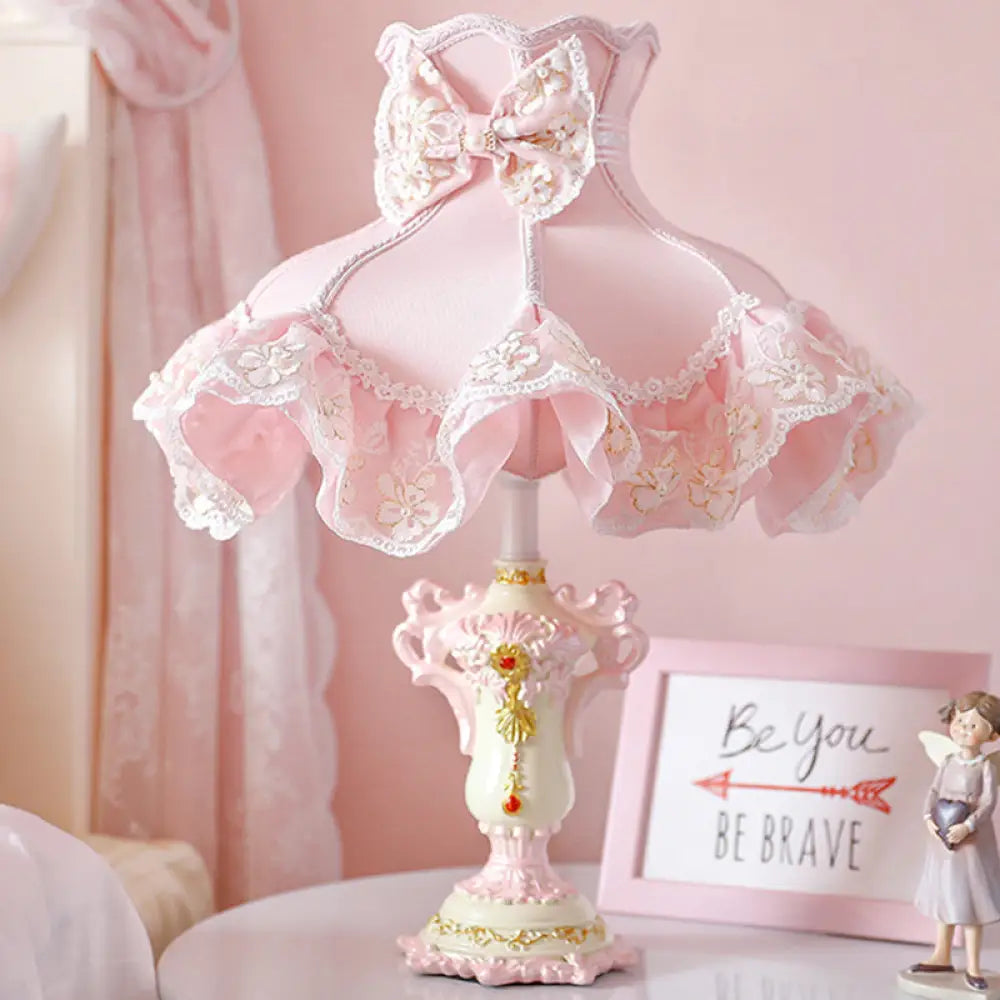 Royal Dress Girls 1-Light Bedside Lamp With Pink Fabric Shade & Sculpted Base - Kids Style Table