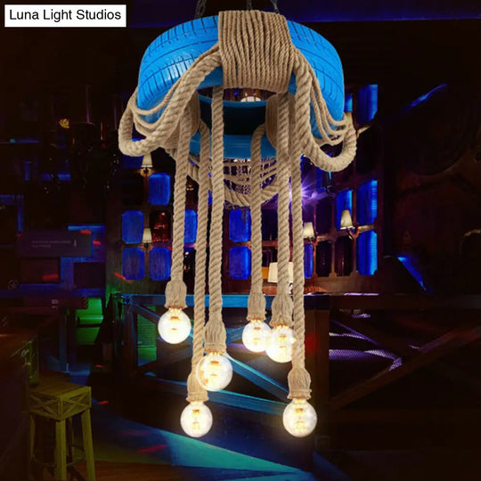 6-Head Tire Hanging Lamp Kit With Hemp Rope For Dining Room Chandelier Blue