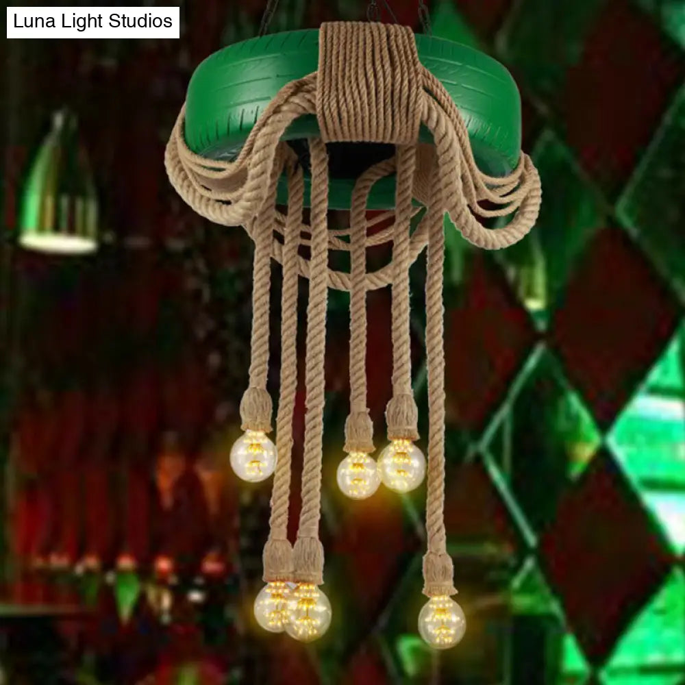 6-Head Tire Hanging Lamp Kit With Hemp Rope For Dining Room Chandelier Green
