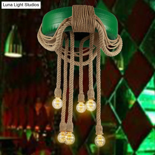 6-Head Tire Hanging Lamp Kit With Hemp Rope For Dining Room Chandelier Green