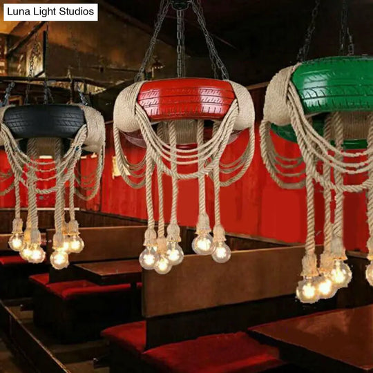 6-Head Tire Hanging Lamp Kit With Hemp Rope For Dining Room Chandelier Red