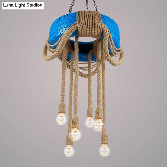 6-Head Tire Hanging Lamp Kit With Hemp Rope For Dining Room Chandelier