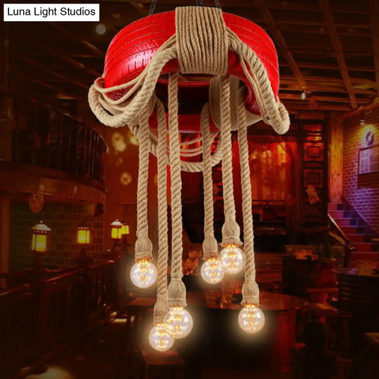 6-Head Tire Hanging Lamp Kit With Hemp Rope For Dining Room Chandelier