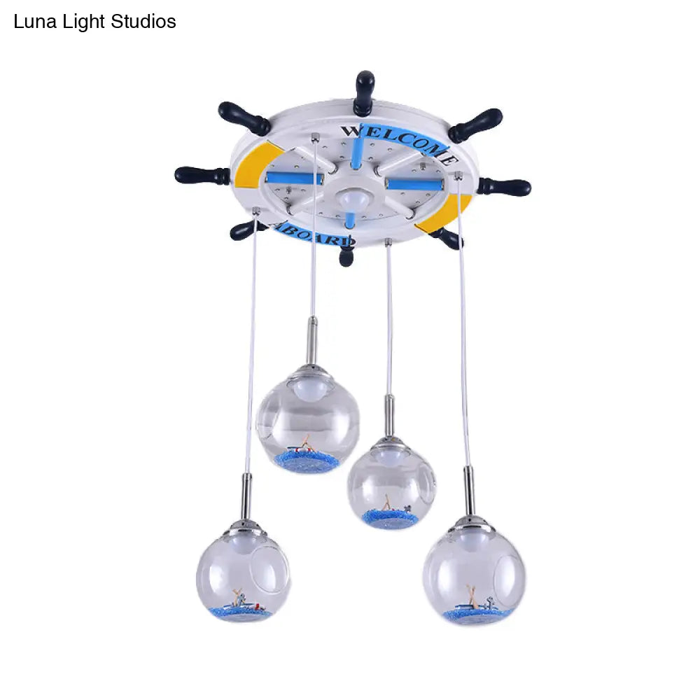 Rudder Child Bedroom Pendant Light In Blue - Nautical Style Hanging Wood And Open Glass Design