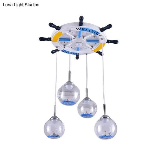 Rudder Child Bedroom Pendant Light In Blue - Nautical Style Hanging Wood And Open Glass Design