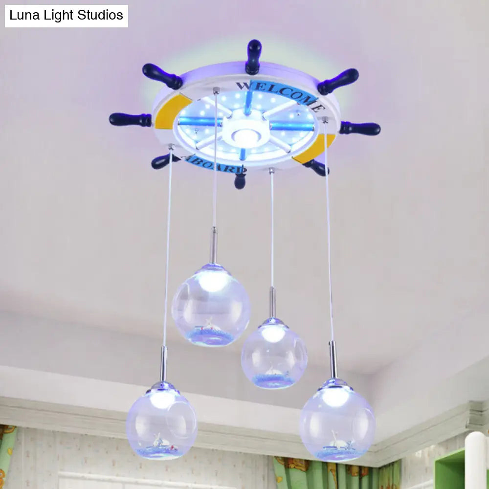 Rudder Child Bedroom Pendant Light In Blue - Nautical Style Hanging Wood And Open Glass Design