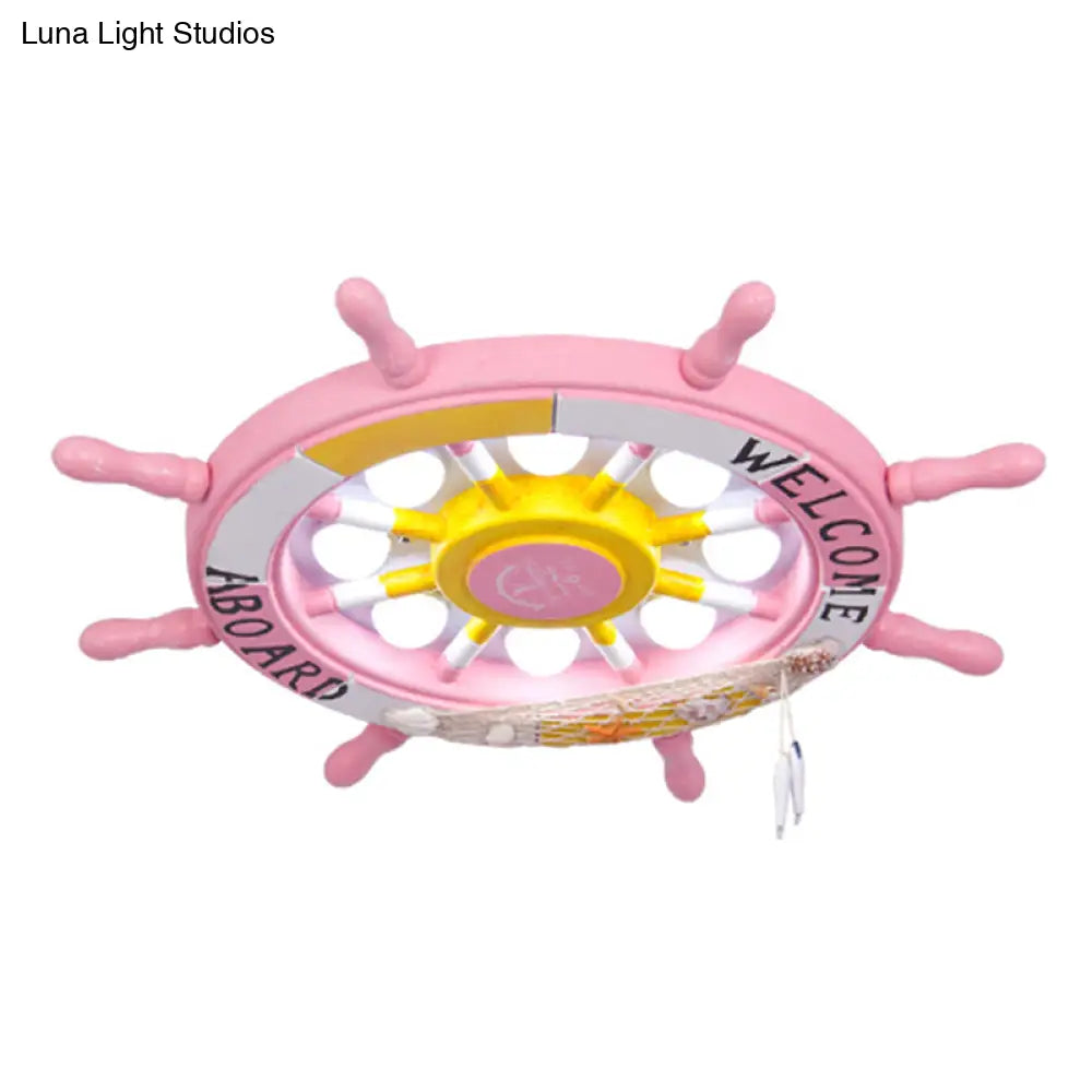 Rudder Kids Room Led Flush Mount Ceiling Light - Wooden 8 Heads Mediterranean Design Pink