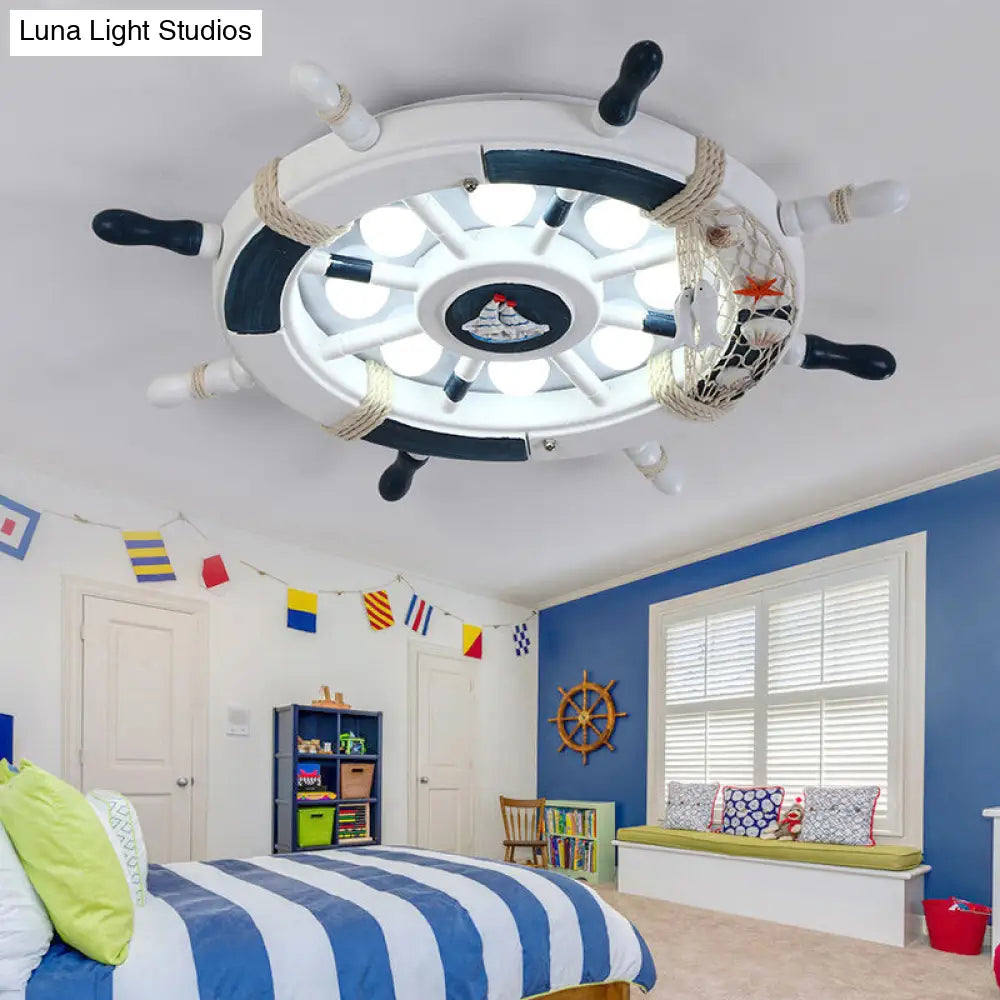 Rudder Kids Room Led Flush Mount Ceiling Light - Wooden 8 Heads Mediterranean Design