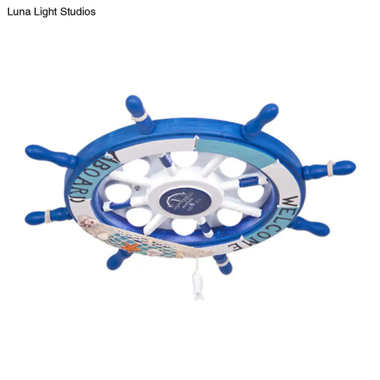 Rudder Kids Room Led Flush Mount Ceiling Light - Wooden 8 Heads Mediterranean Design Blue