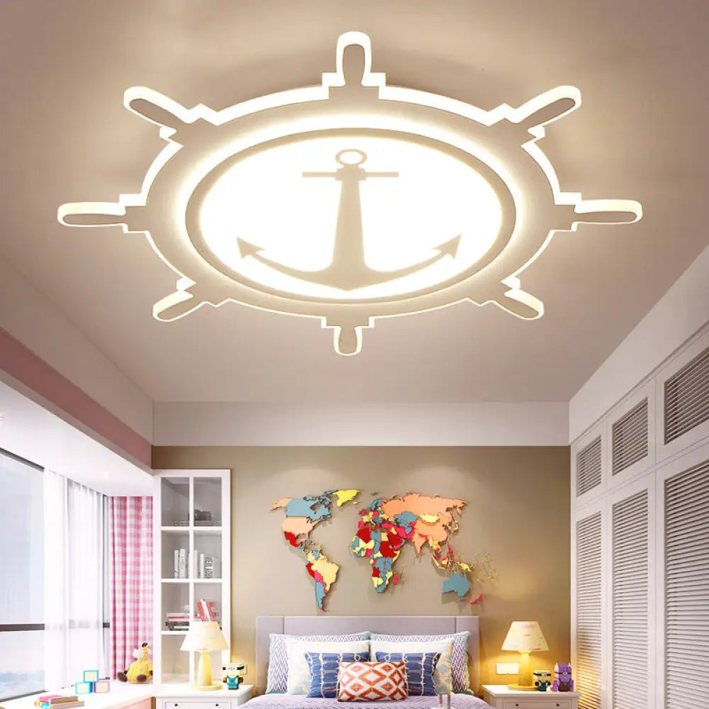 Rudder Shaped Led Flush Ceiling Light For Kindergarten - Simple & Stylish White Acrylic Mount